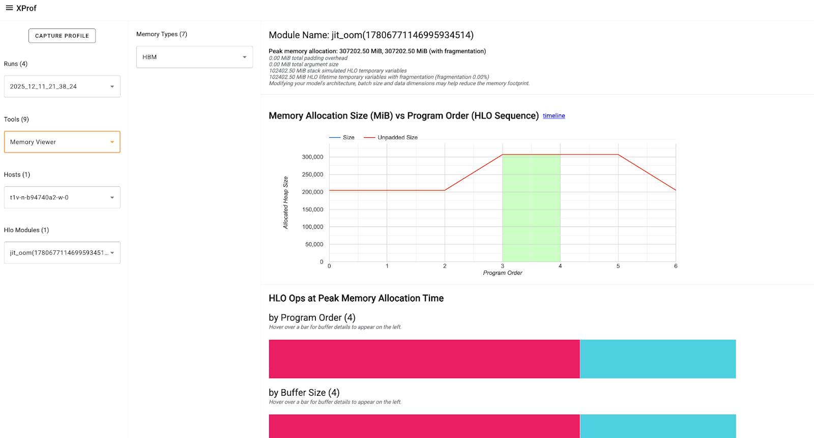 XProf Memory Viewer page for the above example program